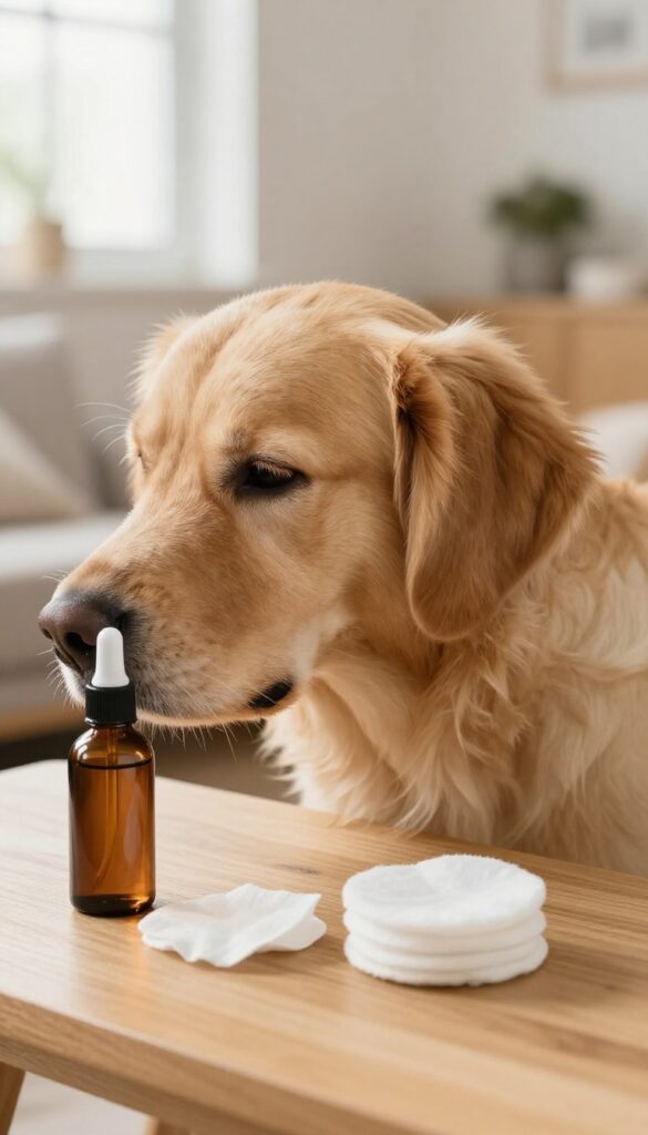 Dog ear cleaning supplies: ear cleaning solution and cotton pads on a table