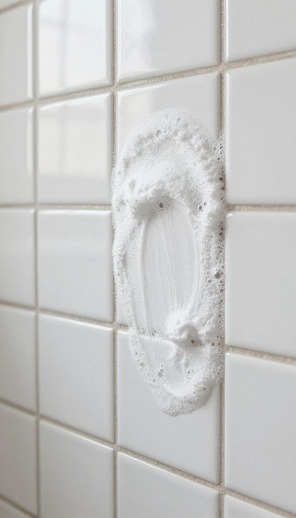 Hydrogen peroxide and baking soda paste bubbling on moldy shower grout