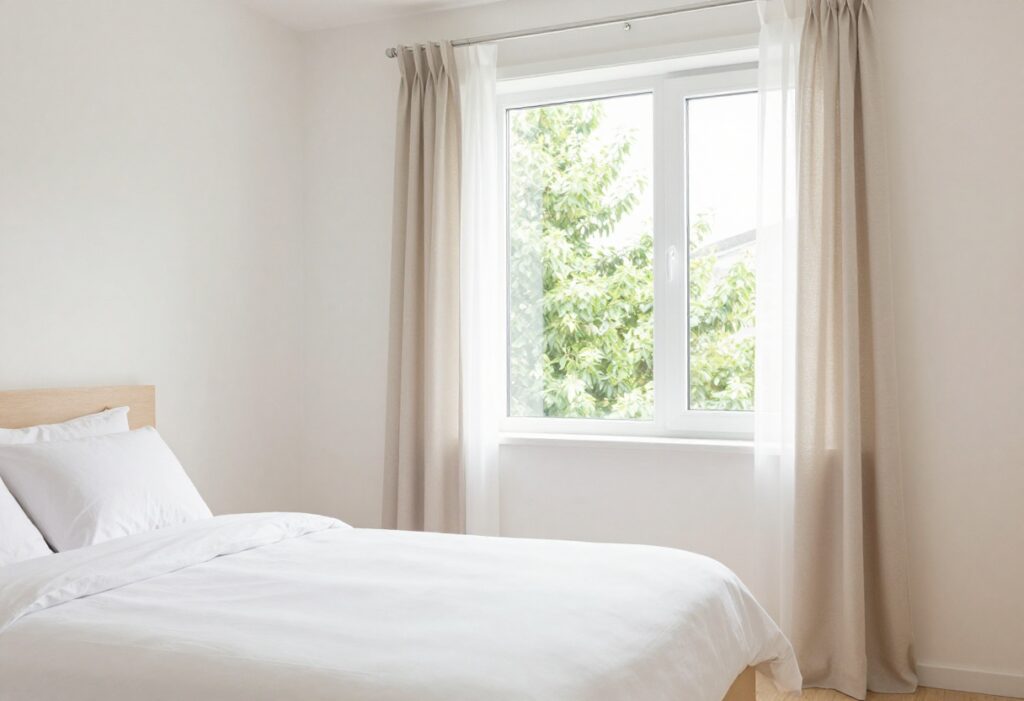 A clean and organized bedroom with a made bed, tidy nightstand, and soft sunlight.