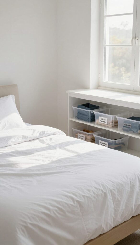 Clear labeled storage bins under a bed and on shelves for seasonal clothing swap