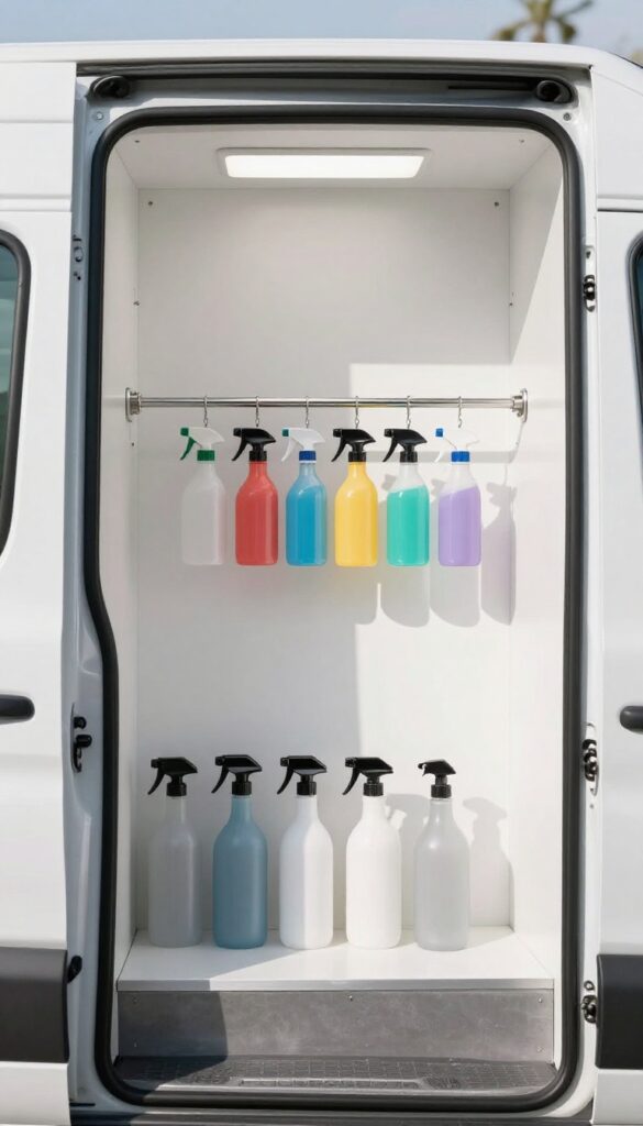 A tension rod holding spray bottles upside down inside a cabinet in a dog grooming van.