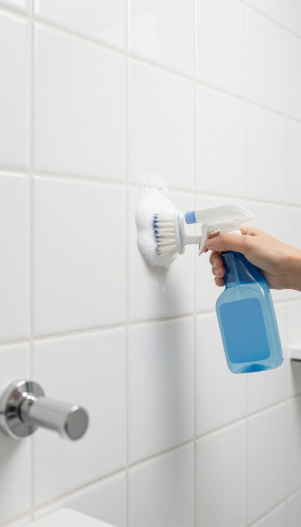 Cleaning shower tile grout with hydrogen peroxide and a brush in a bright bathroom