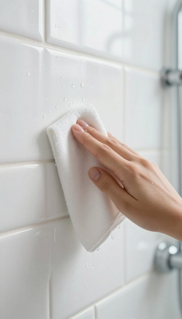 Hand drying shower tiles with a microfiber cloth, leaving a streak-free shine
