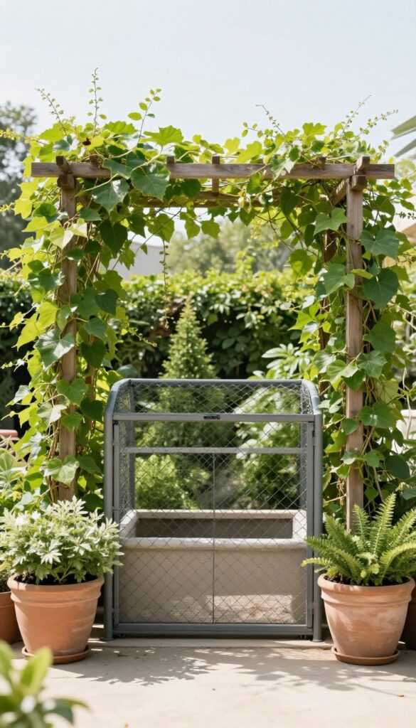 Chain link dog kennel surrounded by potted plants and climbing vines in a sunny garden