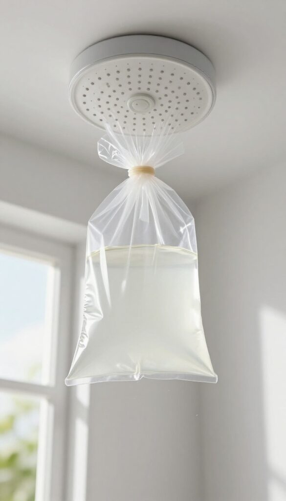 Plastic bag filled with vinegar tied around a fixed rain shower head for cleaning mineral buildup