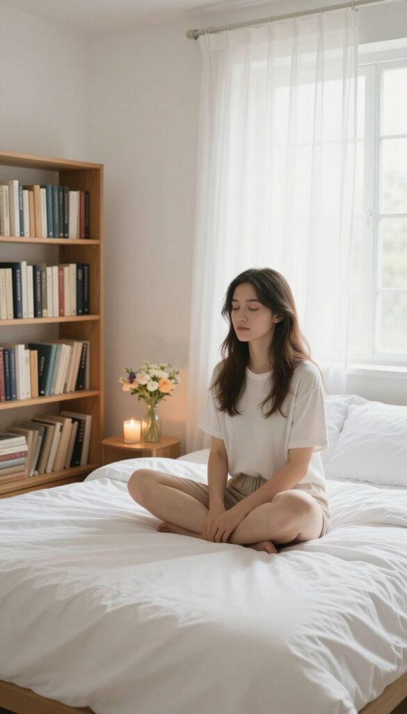 A person sitting on a clean bed in a bright, organized room with a lit candle and flowers, celebrating a finished cleaning session.