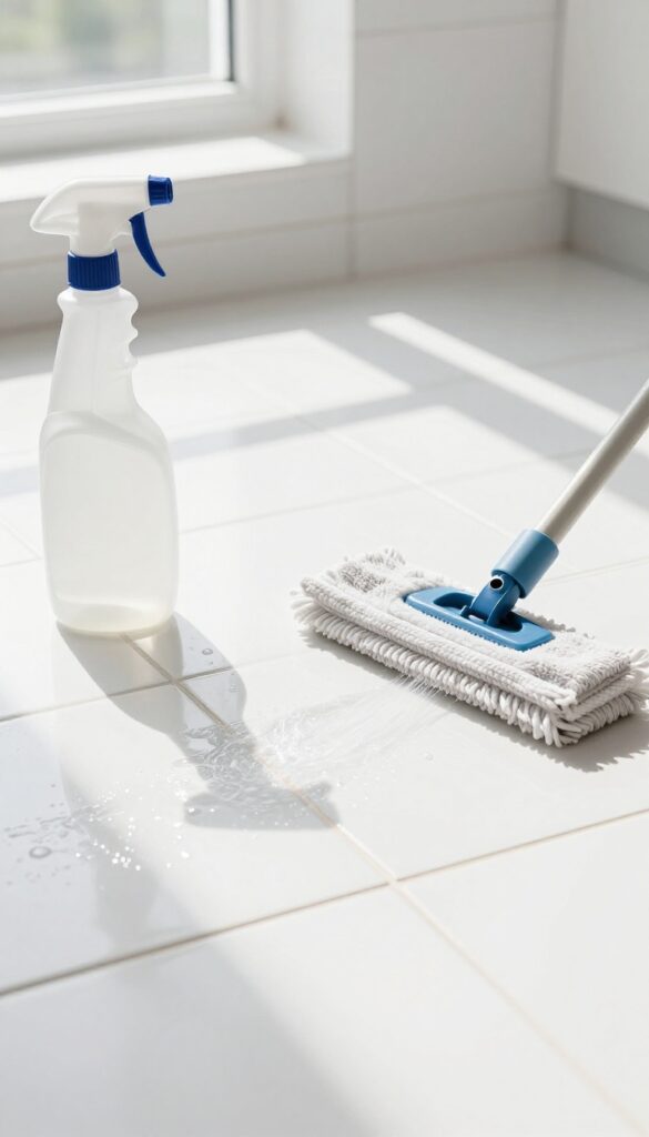 Hydrogen peroxide solution being applied to brighten grout on a tiled kitchen floor