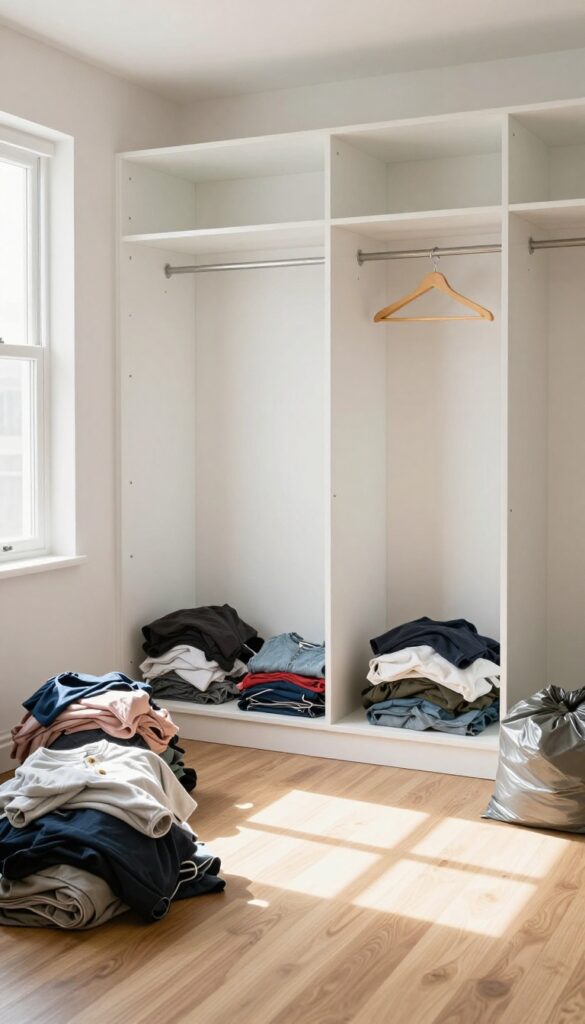 Empty closet with clothing sorted into keep, donate, repair, and trash piles on bed and floor, bright natural light, clean and organized.