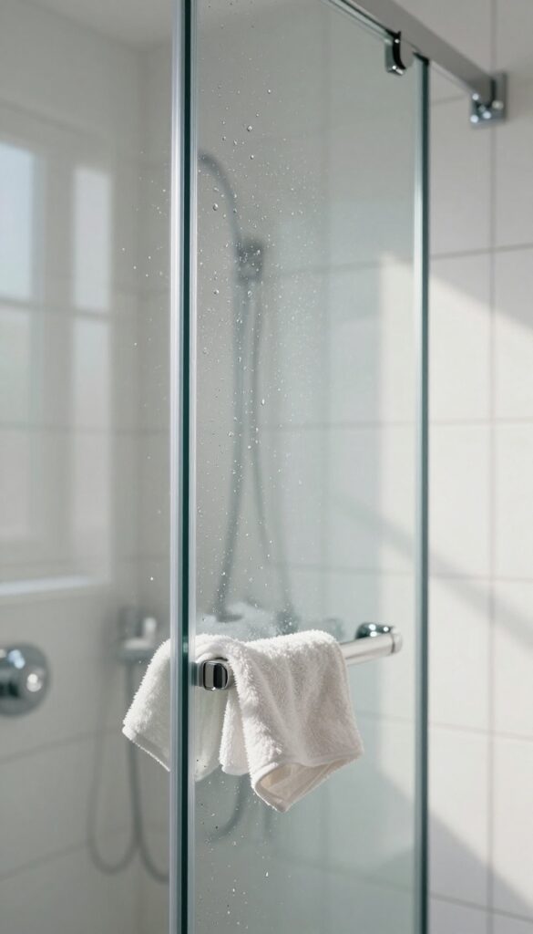 Close-up of a clean glass shower door with water beading and a polished shine, microfiber cloth on the edge, modern bathroom background blurred.