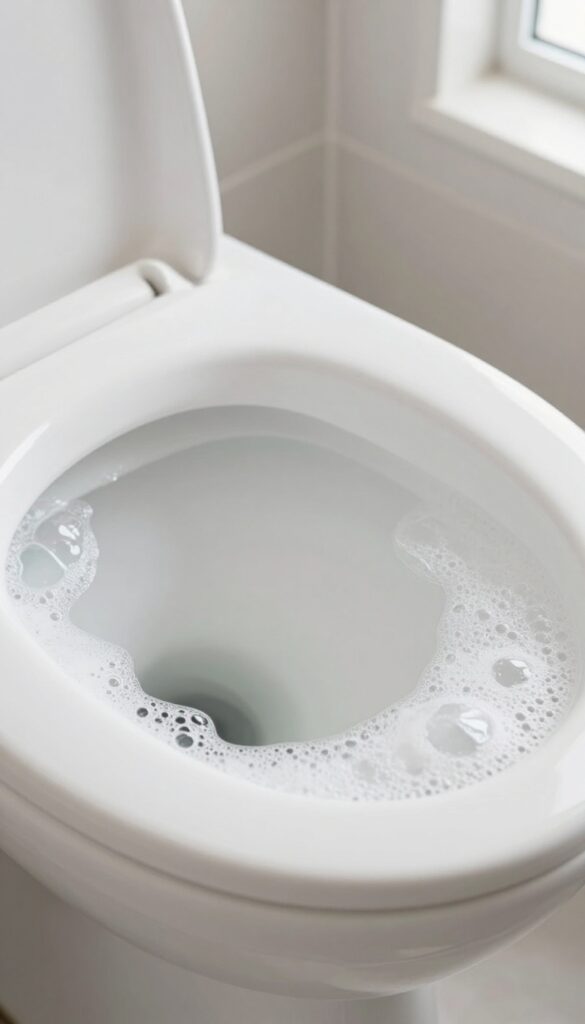 Toilet bowl with dish soap and hot water soak to remove hard water ring