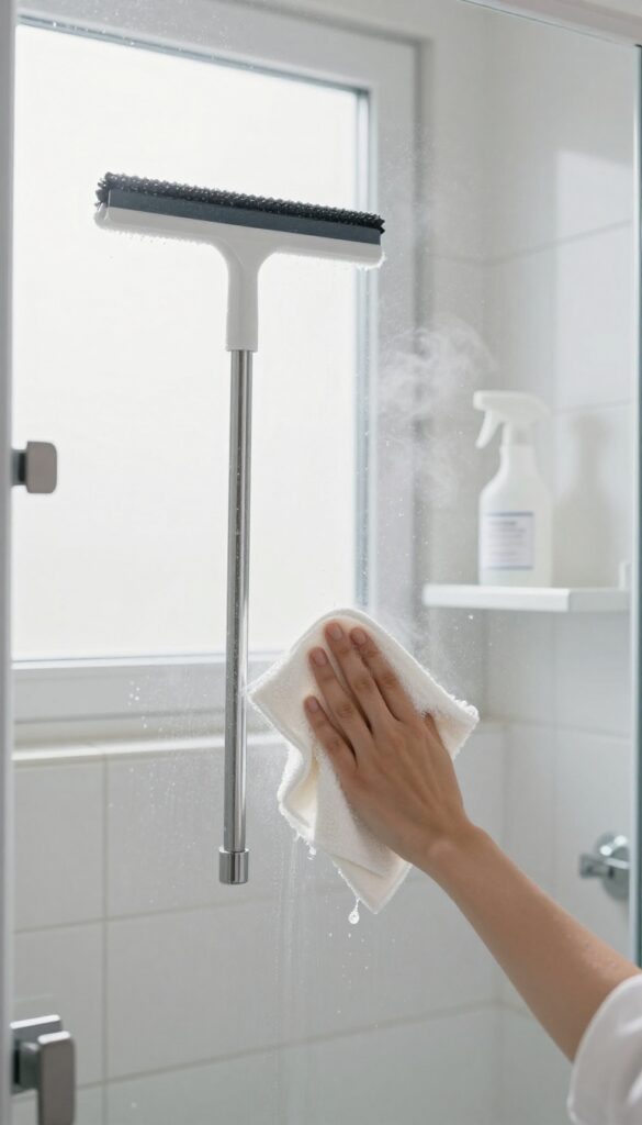 Clean shower interior with squeegee, spray bottle, and hand wiping glass door
