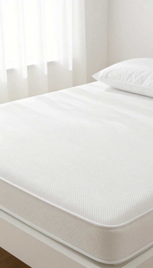 A person fitting a waterproof mattress cover onto a clean mattress in a bright bedroom