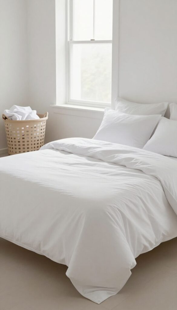 Neatly made bed with fresh white bedding and a laundry basket of used sheets in a bright, clean bedroom