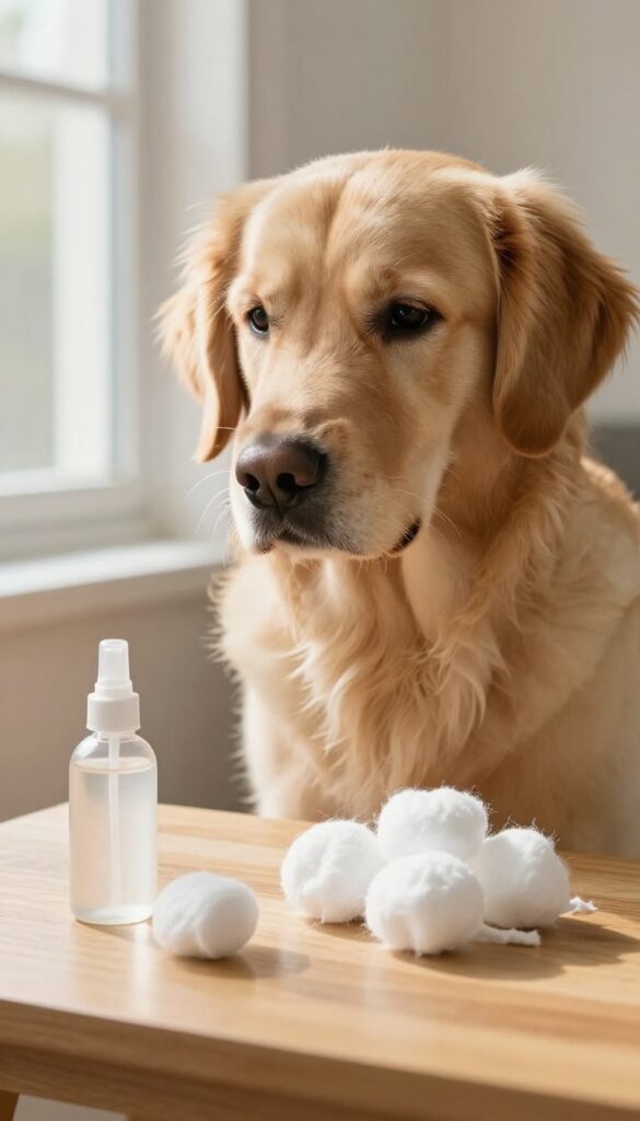 Dog ear cleaning solution and cotton balls on a table with a golden retriever nearby