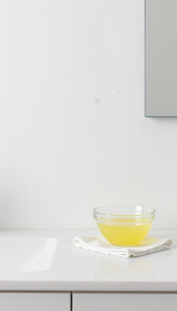 Close-up of white wall with mildew spots, bowl of lemon juice and salt, and damp cloth on countertop