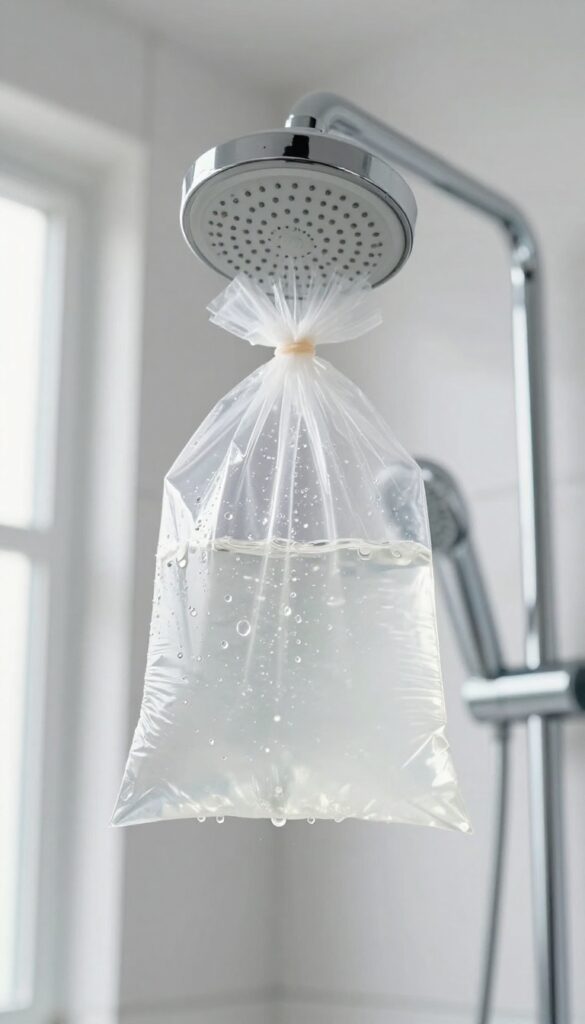 Showerhead soaking in a vinegar-filled plastic bag for deep cleaning