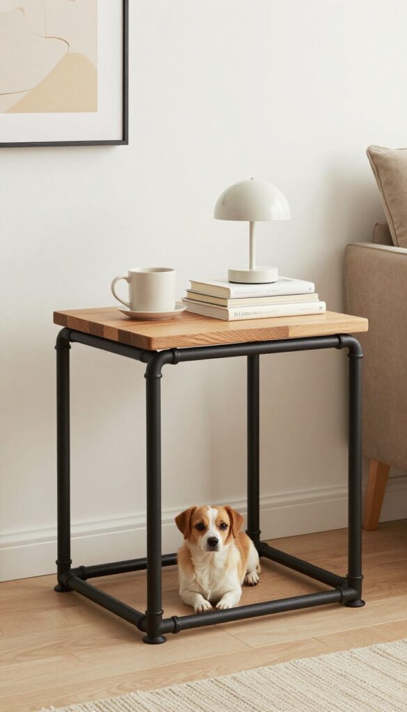 Industrial pipe dog crate end table in a bright modern living room with wooden top and decor