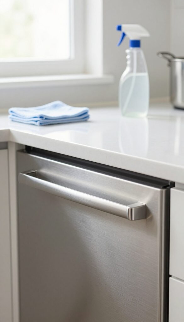 Clean stainless steel dishwasher exterior with vinegar cleaning supplies