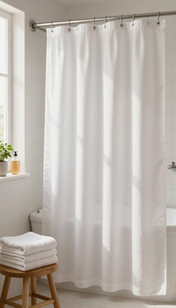 A fresh, organized bathroom with natural light, clean white shower curtain, and tidy sink area.