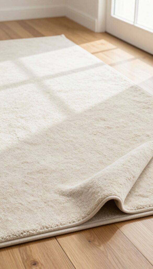 Close-up of a rug edge lifted to show a thick felt-and-rubber rug pad on hardwood floor, soft natural light