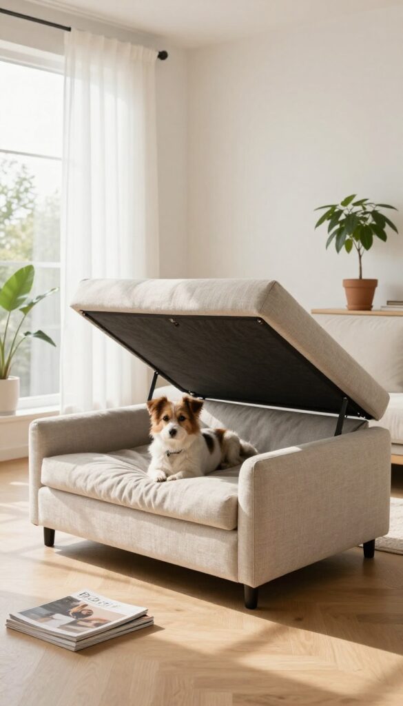 Convertible ottoman dog bed in a modern living room, open to show a plush interior with a dog resting inside.