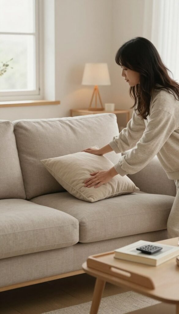 Woman tidying living room pillows before bedtime in a cozy, clutter-free home