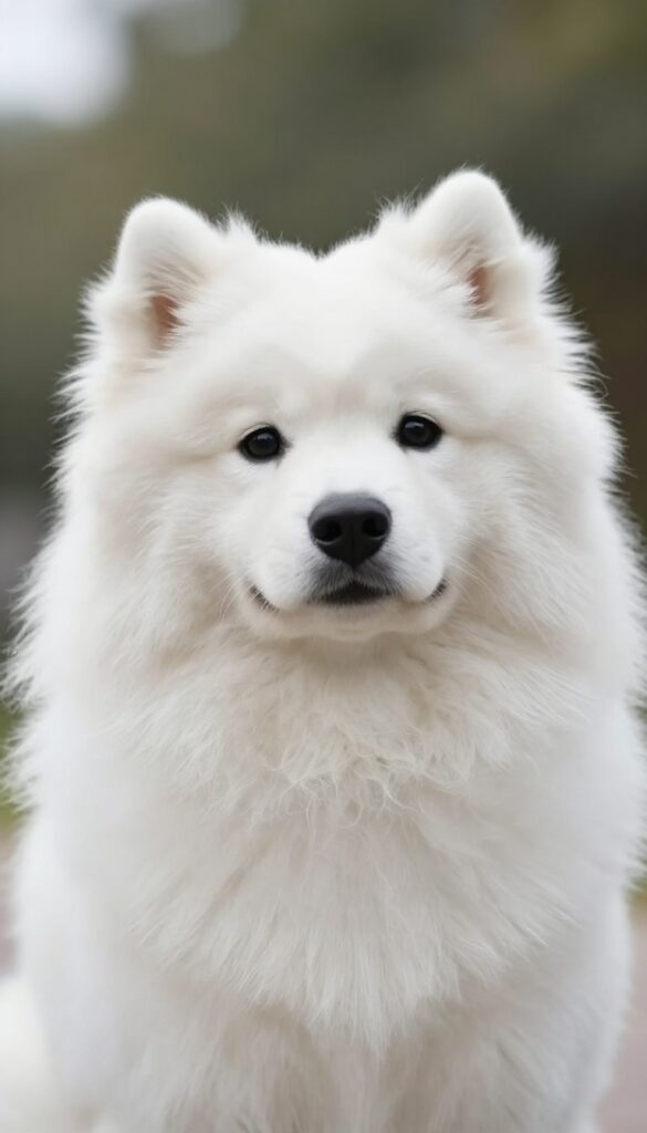Fluffy Samoyed dog with natural teddy bear face grooming style
