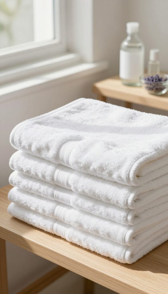 Stack of fluffy white towels with white vinegar and lavender oil on a wooden shelf in a bright laundry room