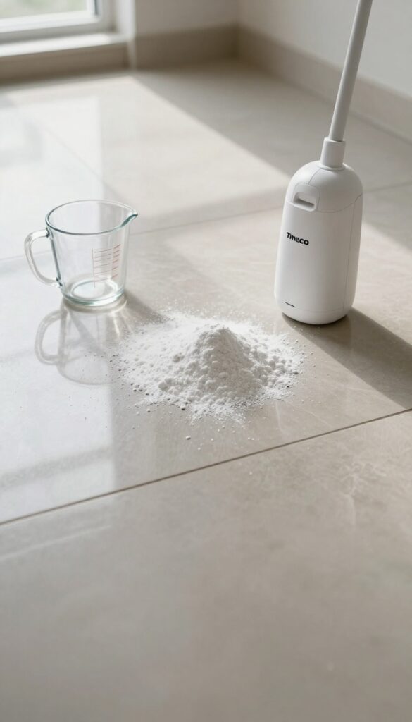 Borax powder and Tineco floor cleaner on a clean tile floor in a sunlit entryway