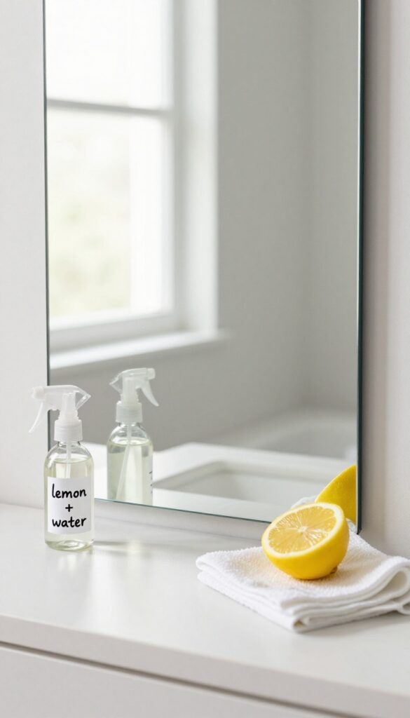 Bathroom mirror reflecting sunlight, with a lemon and spray bottle on counter
