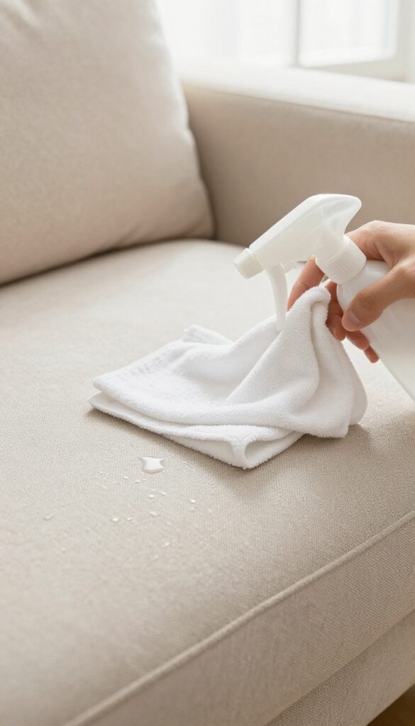 Close-up of a beige fabric couch being misted with a spray bottle and blotted with a microfiber cloth in bright natural light.