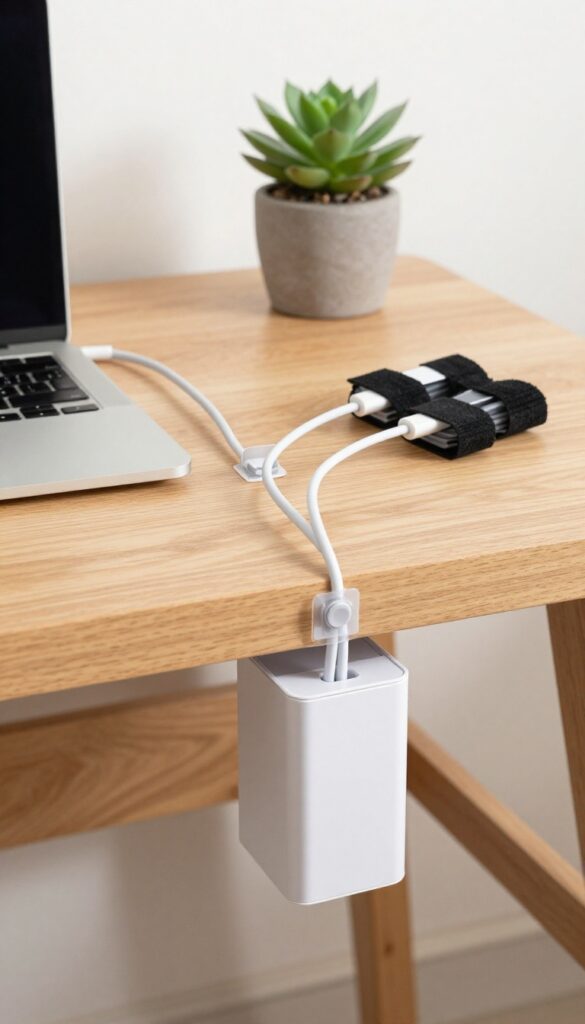 Neatly organized cords and cables on a desk with cable clips and a management box, creating a peaceful clutter-free workspace.