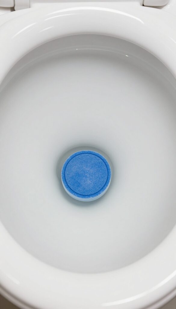 Close-up of a toilet tank with a cleaning tablet dissolving in clear water