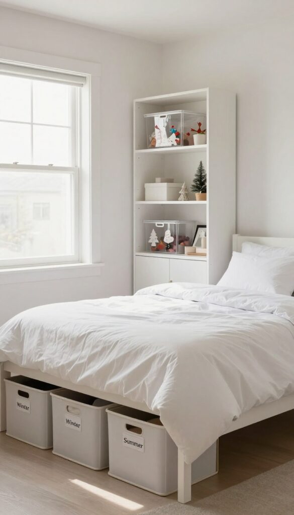 Under-bed storage bins and labeled clear bins on a high shelf for seasonal items