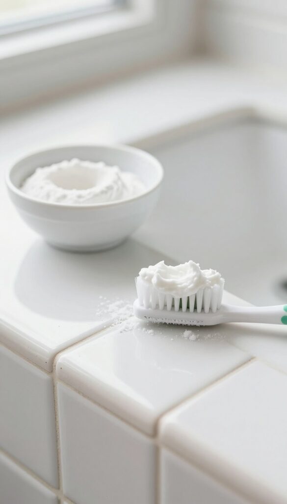 Baking soda paste applied to moldy shower grout lines with a toothbrush