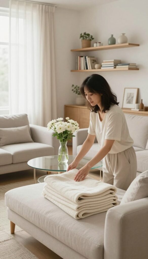 A woman organizing a bright living room with sunlight, clean surfaces, and neatly arranged decor.