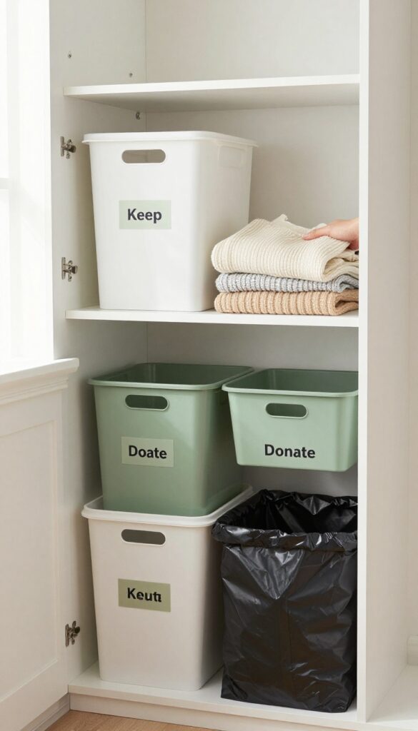 Sorting clothes into keep, donate, and trash bins in a clean bedroom