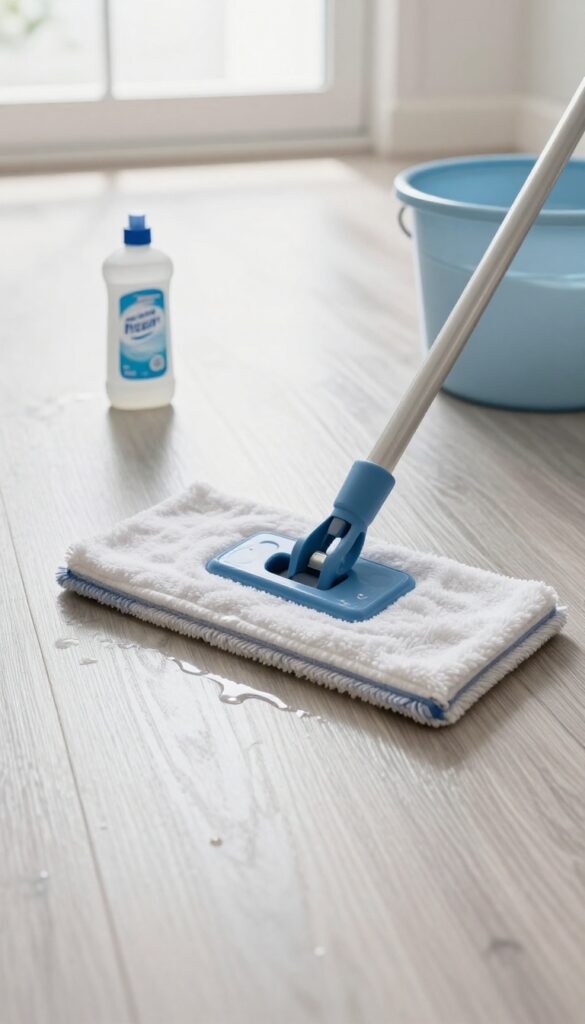 Laminate floor being mopped with microfiber mop and dishwasher rinse aid solution