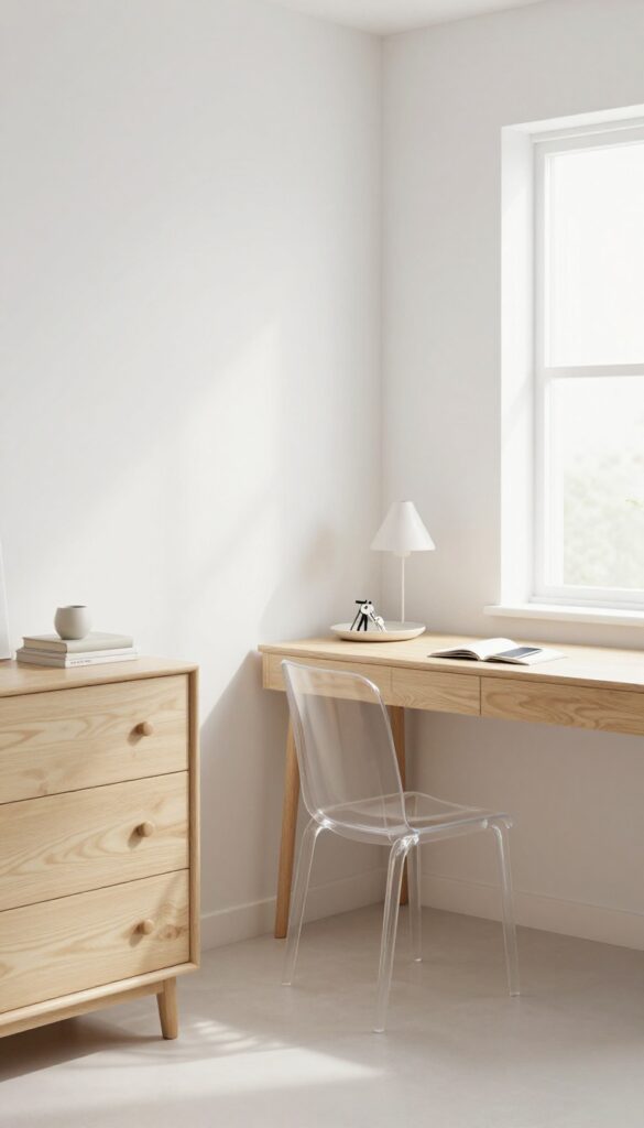 Clear horizontal surfaces in a bedroom after decluttering, with only essential items on a dresser and desk.