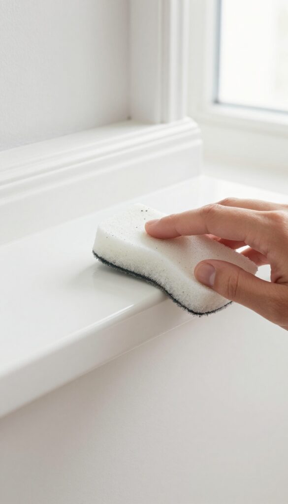 Hand using a damp Magic Eraser to clean a scuff mark on a white baseboard, with sunlight streaming in from a window.