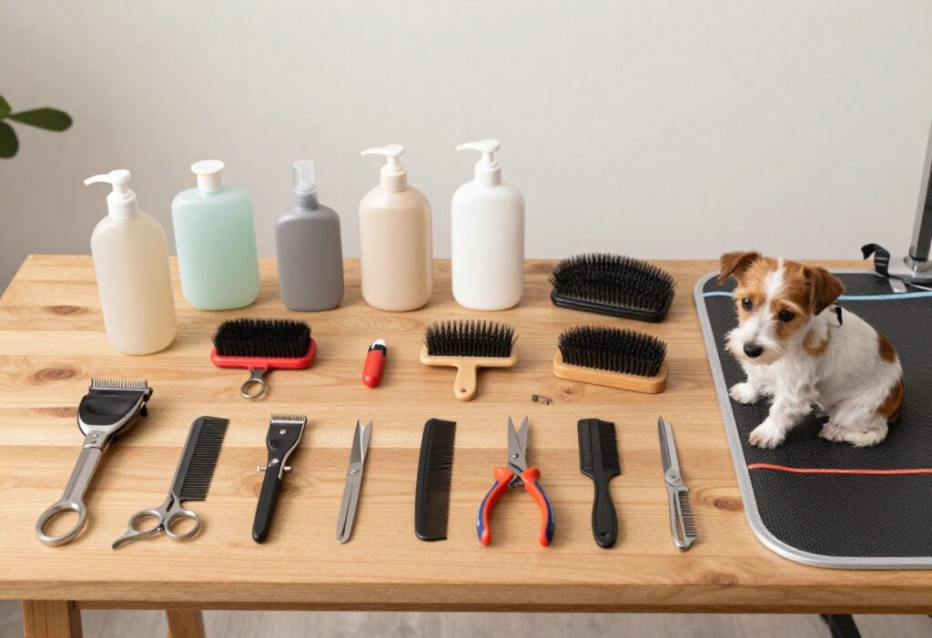 Dog grooming kit essentials laid out on a table with a small dog sitting next to them.