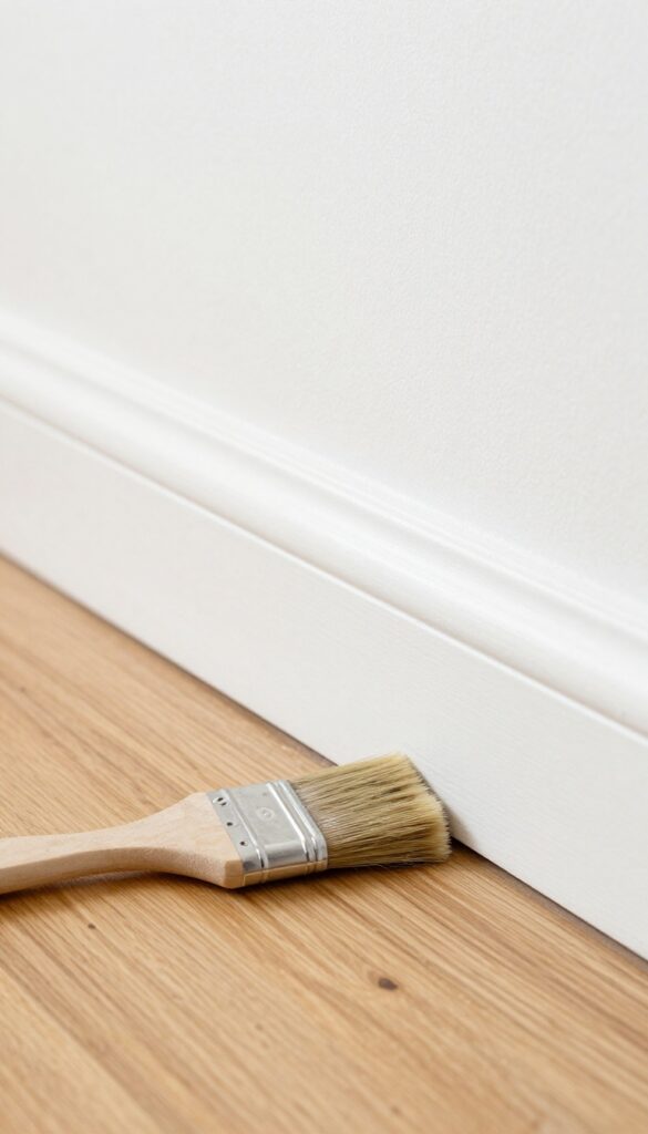 A paintbrush cleaning the crevice between a baseboard and the floor