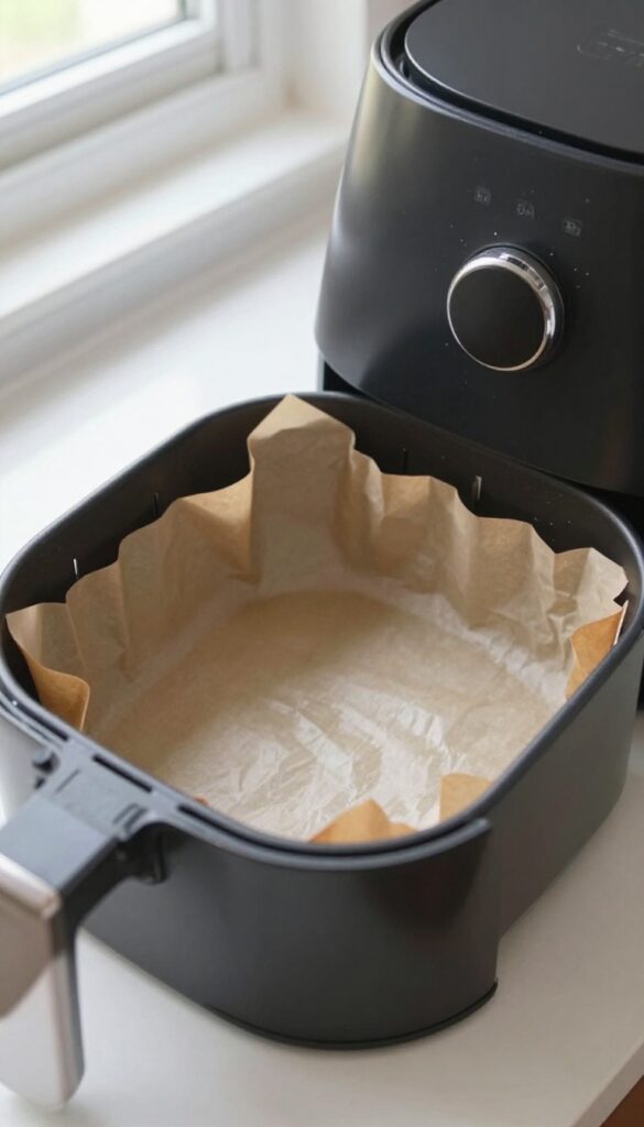 Air fryer basket lined with parchment paper leaving gaps for airflow