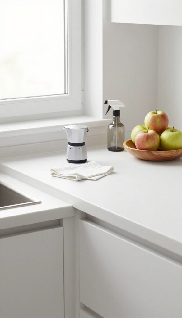 Clean kitchen countertop with minimal items, natural light, organized and clutter-free