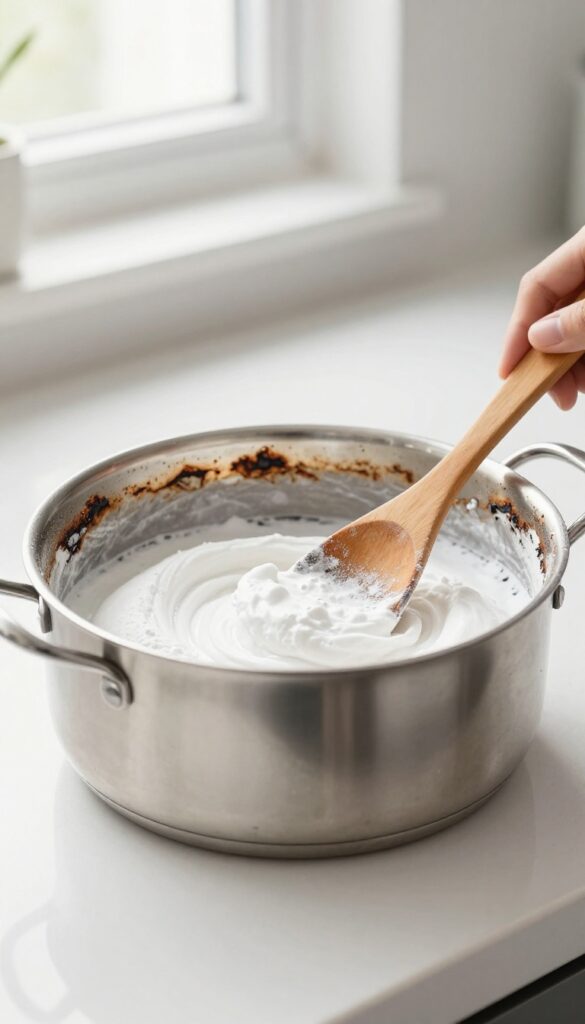 Baking soda and water paste applied to a burnt pot, ready for scrubbing
