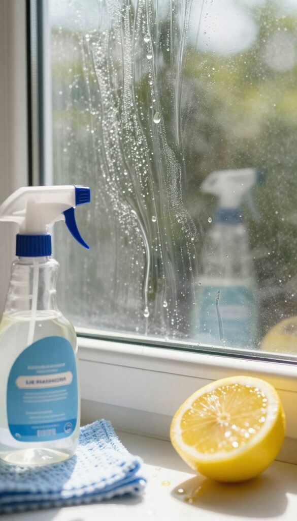 Kitchen window cleaning with lemon juice natural degreaser, spray bottle and microfiber cloth, bright natural light, streak-free glass.