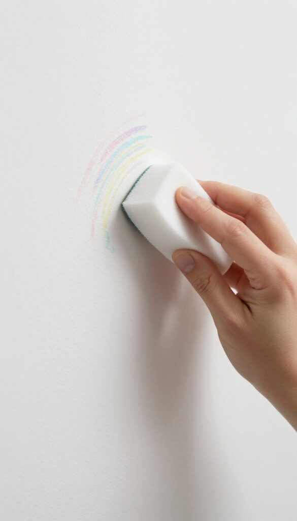 Hand using a magic eraser sponge to remove crayon marks from a white wall
