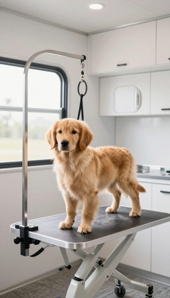 Swivel grooming arm in a dog grooming trailer