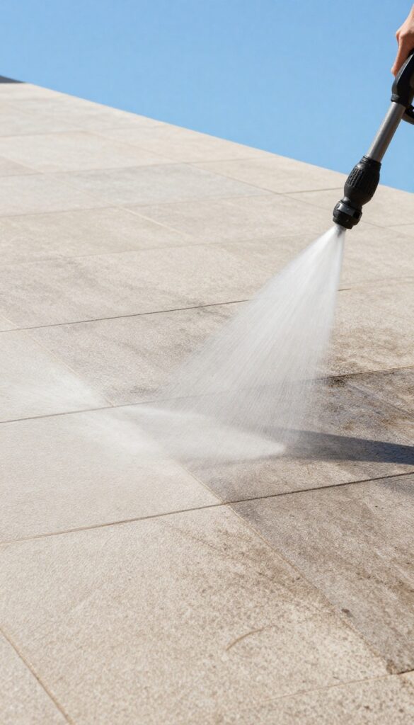 Outdoor tile patio being cleaned with a pressure washer, showing clean and dirty sections for contrast.