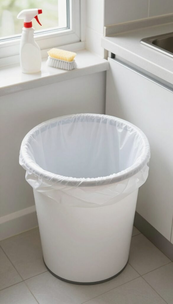Clean kitchen trash bin with spray bottle and scrub brush nearby